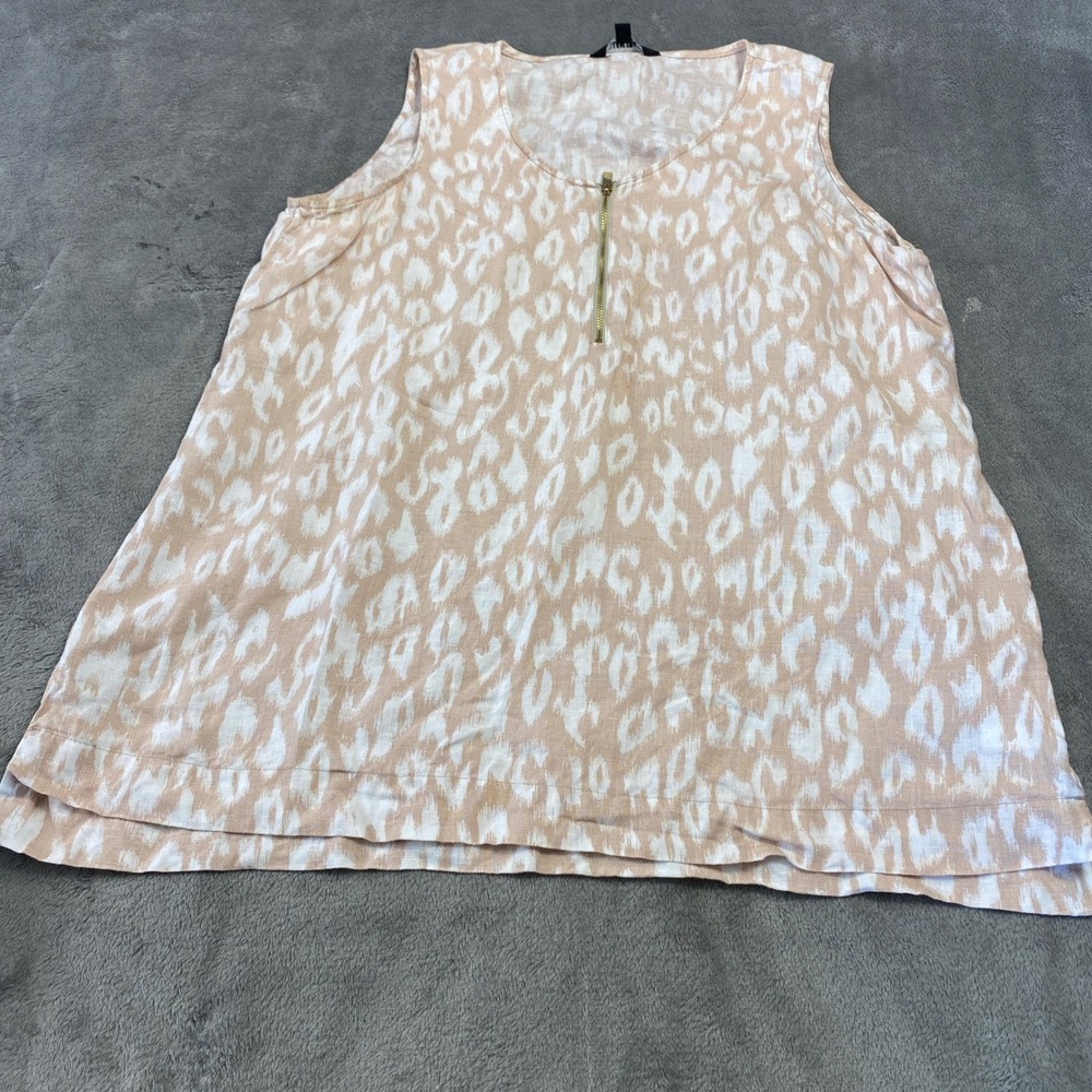 Ellen Tracy Tank Top Women XL Tan 100% Linen Animal Print Quarter Zip Sleeveless